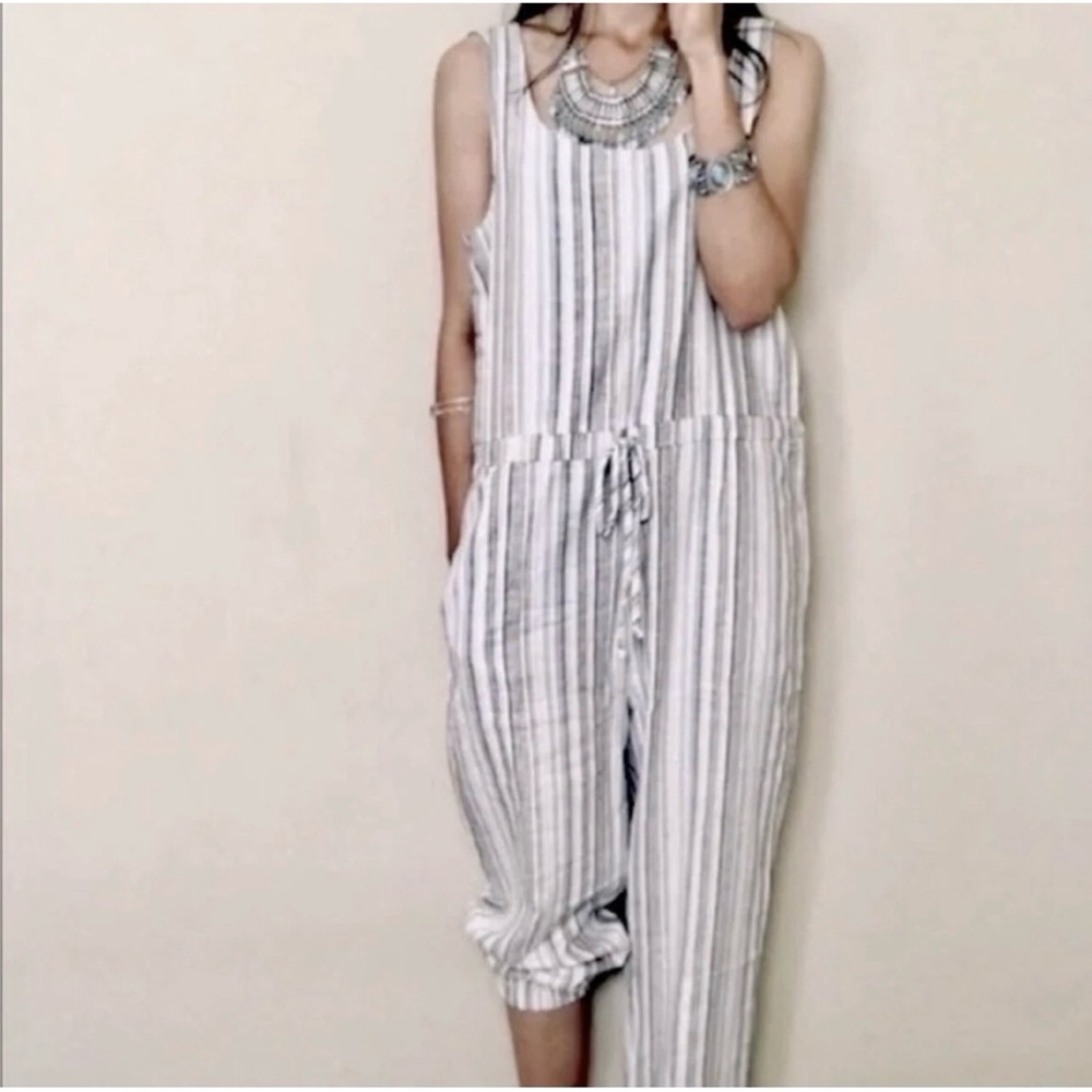 Drew X Anthropologie Slouchy Striped Linen-Blend Tank-Style Jogger Jumpsuit Sz M